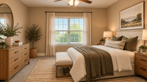 Sulphur Springs apartment for rent - A bedroom with a large bed, a window with curtains, and a painting on the wall.