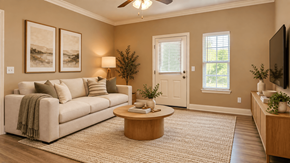 Sulphur Springs apartment for rent - A living room with a couch, coffee table, and a ceiling fan.