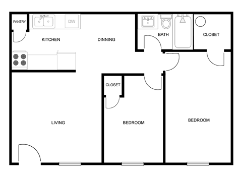 Floor plan for 2 beds, 1 bath, 663 sqft