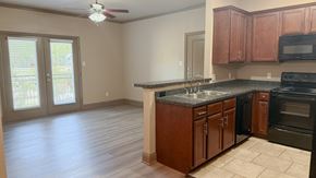 Sulphur Springs apartment for rent - A kitchen with wooden cabinets and black appliances.