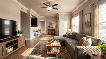 Palestine apartment for rent - A living room with a grey couch, a wooden coffee table, and a television on a cabinet.