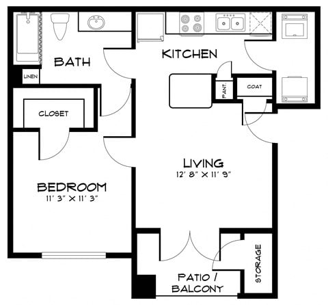 Floor plan for 1 bed, 1 bath, 550 sqft