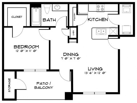 Floor plan for 1 bed, 1 bath, 628 sqft