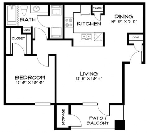 Floor plan for 1 bed, 1 bath, 700 sqft