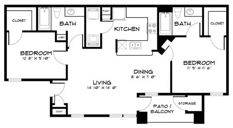 Floor plan for 2 beds, 2 baths, 917 sqft