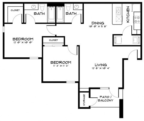 Floor plan for 2 beds, 2 baths, 976 sqft