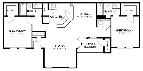 Floor plan for 2 beds, 2 baths, 1044 sqft