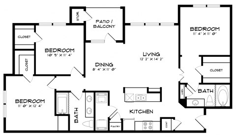 Floor plan for 3 beds, 2 baths, 1225 sqft