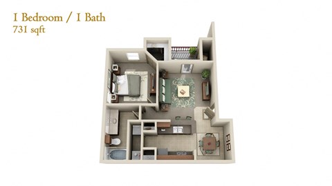 Floor plan for 1 bed, 1 bath, 731 sqft