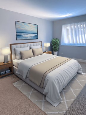 Shiloh apartment for rent - A bedroom with a large bed and a painting on the wall.
