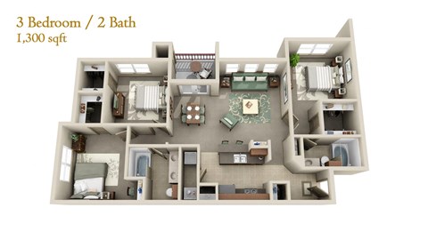 Floor plan for 3 beds, 2 baths, 1300 sqft