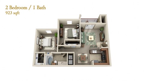 Floor plan for 2 beds, 1 bath, 923 sqft