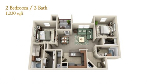 Floor plan for 2 beds, 2 baths, 1030 sqft