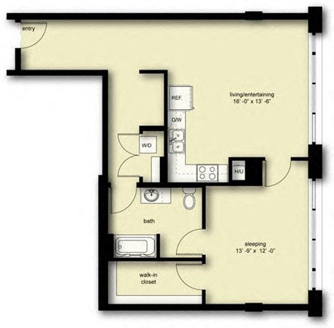 Floor plan for 1 bed, 1 bath, 918 sqft