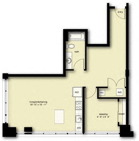 Floor plan for 1 bed, 1 bath, 911 sqft