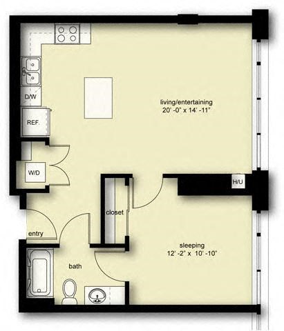 Floor plan for 1 bed, 1 bath, 718 sqft