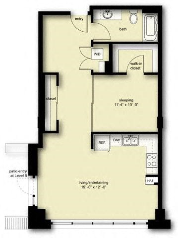 Floor plan for 1 bed, 1 bath, 847 sqft