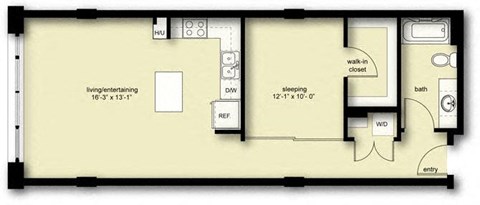 Floor plan for 1 bed, 1 bath, 779 sqft
