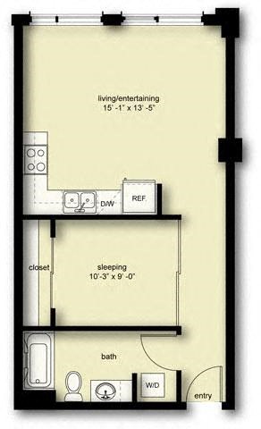 Floor plan for 1 bed, 1 bath, 602 sqft