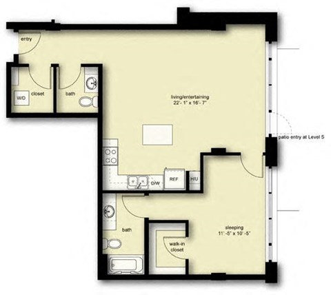 Floor plan for 1 bed, 1.5 baths, 995 sqft