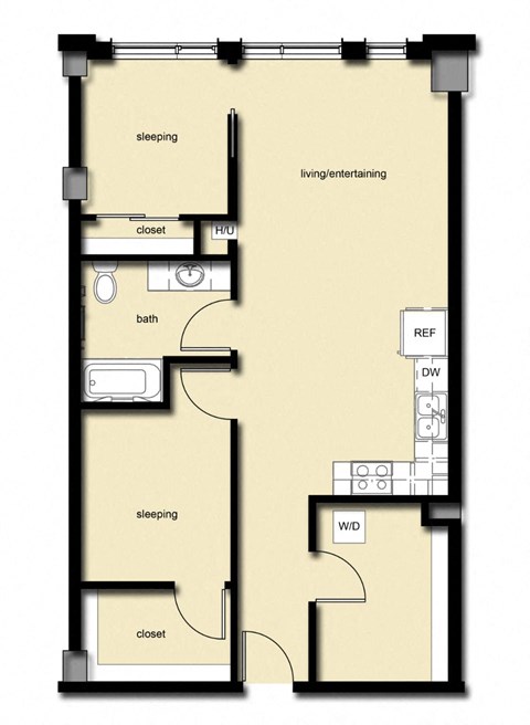 Floor plan for 2 beds, 1 bath, 834 sqft