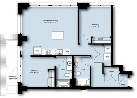 Floor plan for 2 beds, 2 baths, 1049 sqft