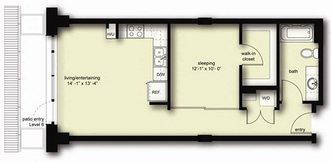 Floor plan for 1 bed, 1 bath, 698 sqft