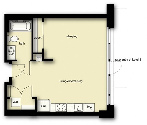 Floor plan for studio, 1 bath, 544 sqft