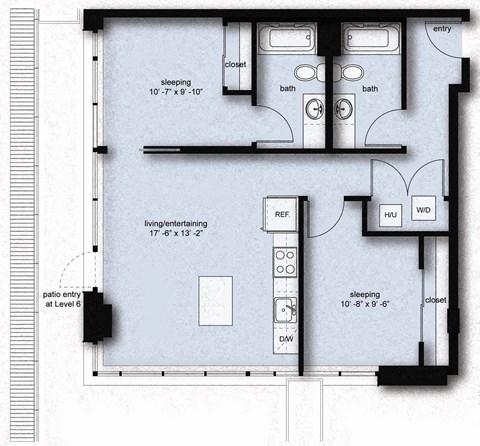 Floor plan for 2 beds, 2 baths, 957 sqft