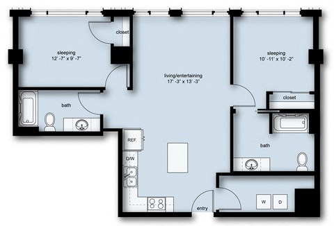 Floor plan for 2 beds, 2 baths, 1006 sqft