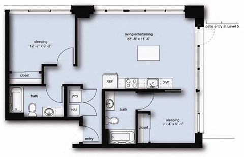 Floor plan for 2 beds, 2 baths, 893 sqft
