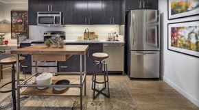 Seattle apartment for rent - a kitchen with stainless steel appliances and a wooden table at Stadium Place, Washington, 98104