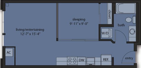 Floor plan for 1 bed, 1 bath, 515 sqft