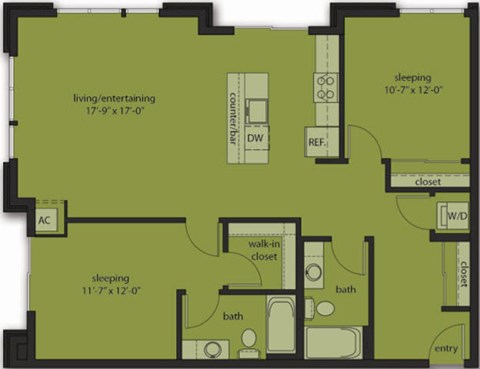 Floor plan for 2 beds, 2 baths, 1145 sqft