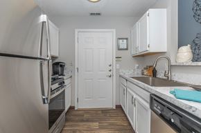 Streetsboro apartment for rent - a kitchen with stainless steel appliances and a white door
