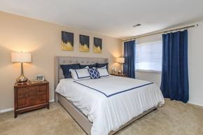 Lynchburg apartment for rent - a bedroom with a bed and a window with blue curtains