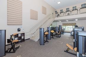 Beachwood apartment for rent - A gym with a variety of equipment including a treadmill, weights, and a bench press.
