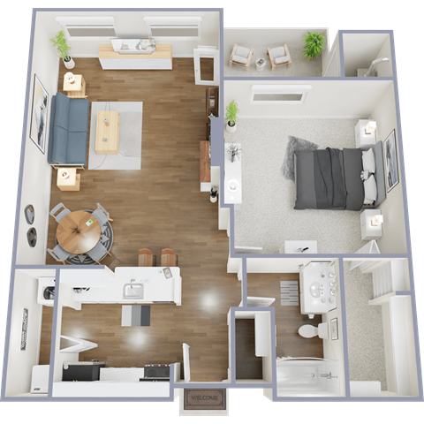 Floor plan for 1 bed, 1 bath, 850 sqft