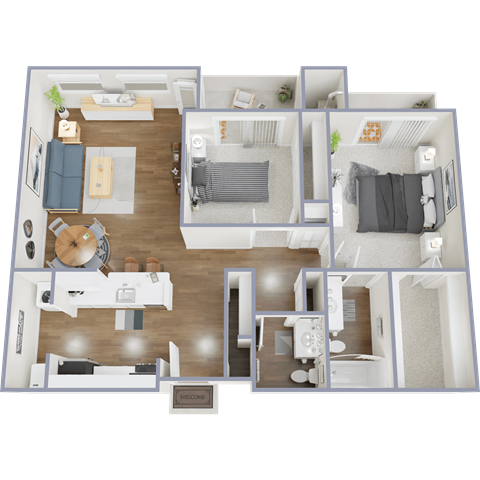 Floor plan for 2 beds, 1 bath, 1020 sqft
