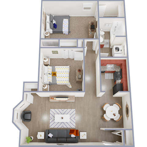 Floor plan for 2 beds, 1 bath, 1090 sqft