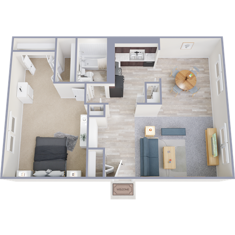 Floor plan for 1 bed, 1 bath, 768 sqft