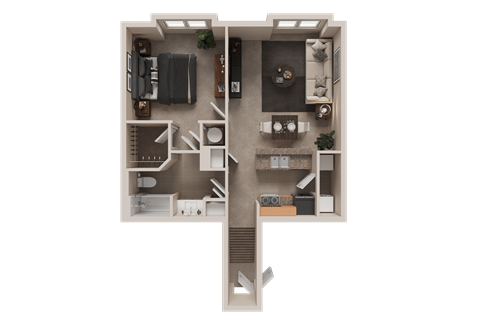 Floor plan for 1 bed, 1 bath, 885 sqft
