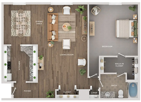 Floor plan for 1 bed, 1 bath, 1050 sqft