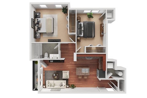 Floor plan for 2 beds, 1 bath, 881 sqft