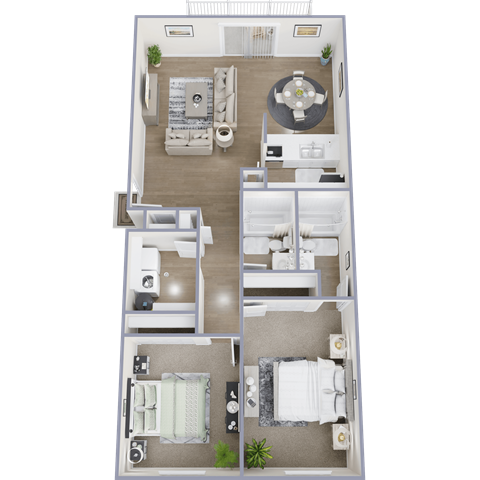 Floor plan for 2 beds, 2 baths, 934 sqft