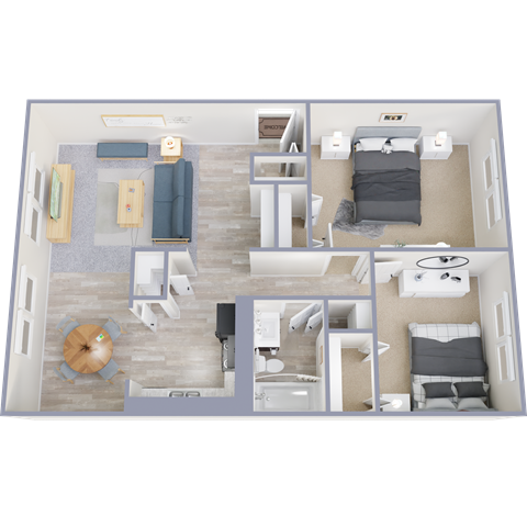 Floor plan for 2 beds, 1 bath, 906 sqft