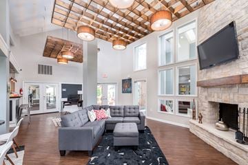 Henrico apartment for rent - A modern living room with a grey couch and a fireplace.