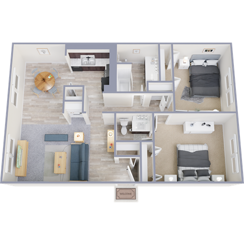 Floor plan for 2 beds, 1.5 baths, 993 sqft