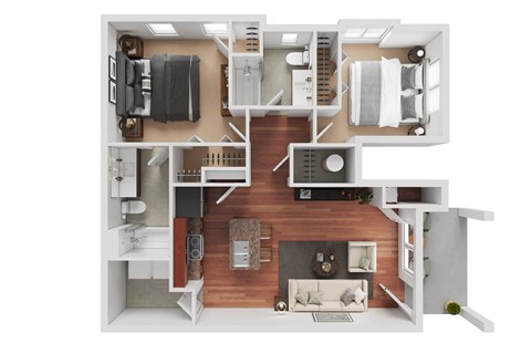 Floor plan for 2 beds, 2 baths, 965 sqft