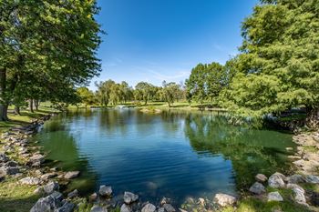 Pond with a fountain and gazebo